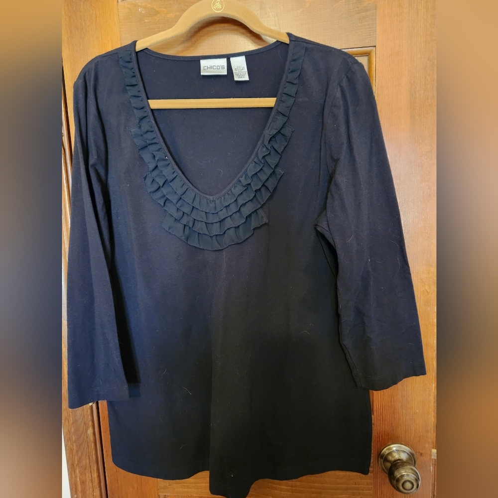 Black Chicos XL (3) Scoop Neck Ruffled Top NWOT Never Worn...3/4 Sleeves.